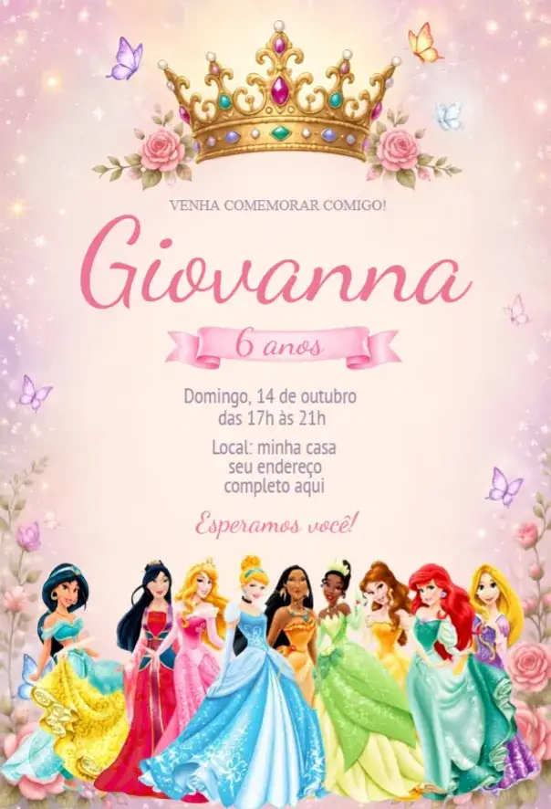 Convite Convite Princesas Disney – tema Aniversário mágico, colorido, fantasia, infantil, brilho, ilustrações encantadoras