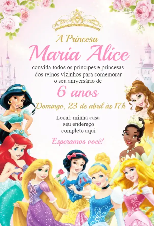 Convite Convite Princesas Disney – tema Aniversário cores pastel, ilustrações de princesas, elementos de conto de fadas, design alegre, estilo divertido, magia da Disney