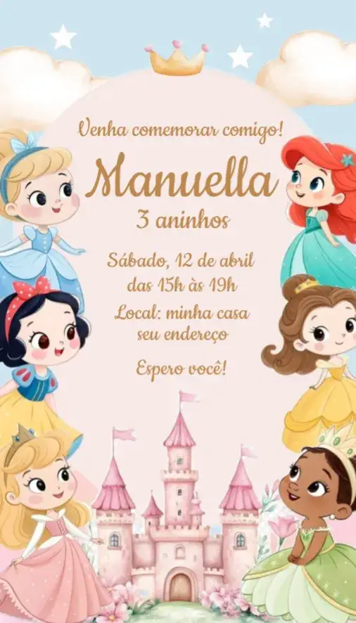 Invitation Convite Princesas Disney Baby – Aniversário theme colorido, lúdico, mágico, infantil, temático