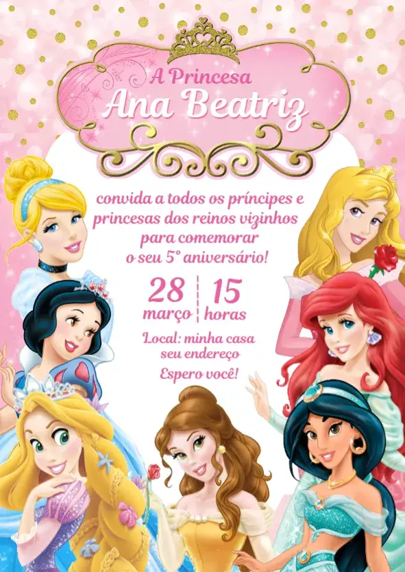 Convite Convite Princesas Disney Digital – tema Aniversário colorido, mágico, infantil, fantasia, princesas, alegre