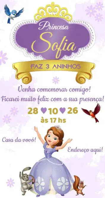 Convite Convite Princesinha Sofia – tema Aniversário mágico, colorido, fantasia, princesa, floral, infantil