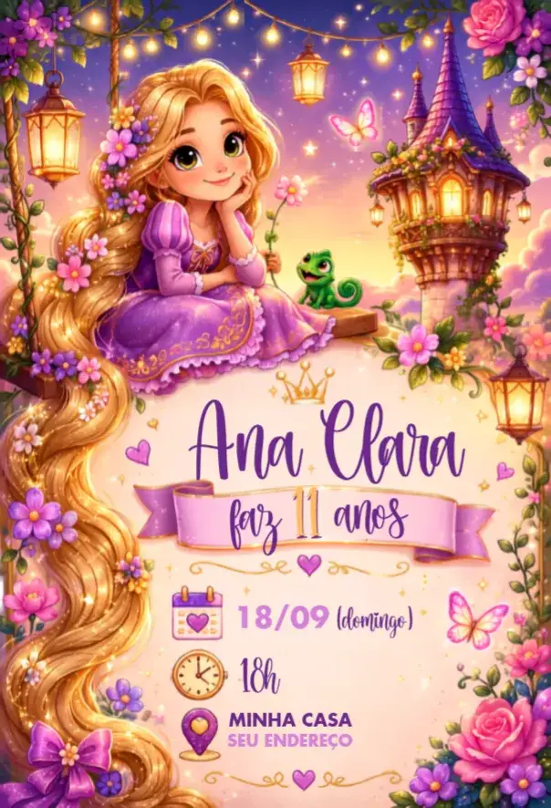 Convite Convite Rapunzel – tema Aniversário cores suaves, estilo encantado, elementos gráficos de princesas, vibrante e colorido, mundo mágico, toques de conto de fadas