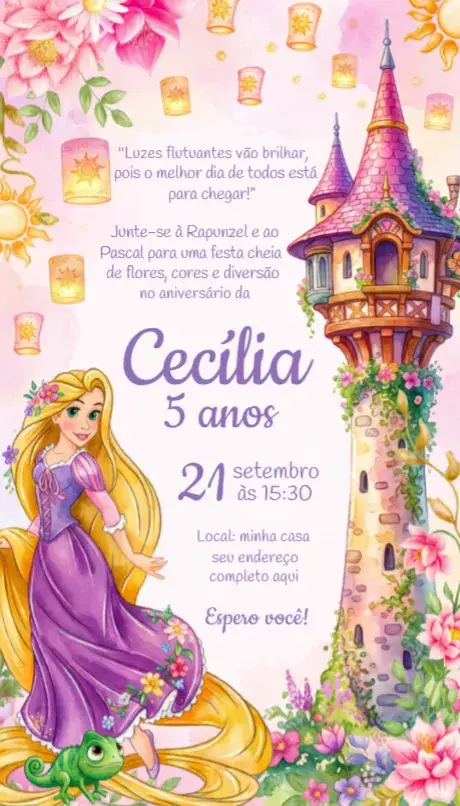 Convite Convite Rapunzel – tema Aniversário cores pastéis, estilo conto de fadas, elementos florais, ilustrações de princesas, toques dourados