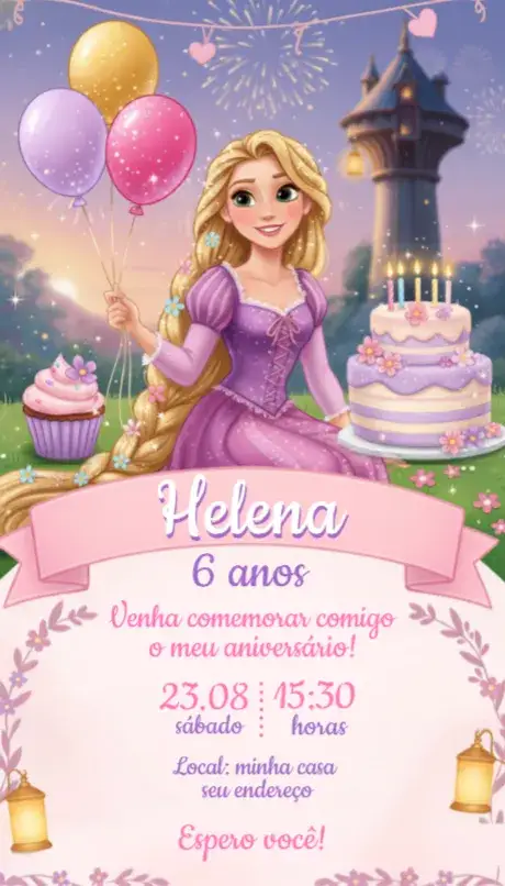 Invitation Convite Rapunzel – Aniversário theme cores vibrantes, ilustrações de princesas, estilo lúdico, elementos gráficos de contos de fadas, tons pastéis, detalhes florais