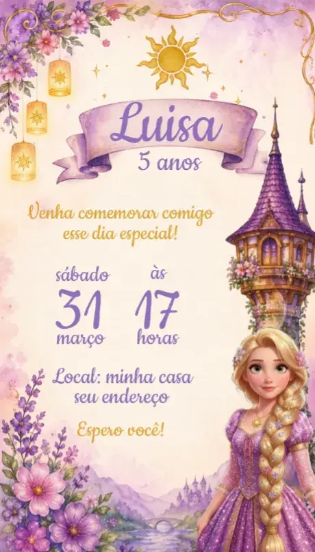 Convite Convite Rapunzel – tema Aniversário cores pastel, estilo lúdico, elementos de conto de fadas, design floral, toques dorados, ilustrações encantadoras