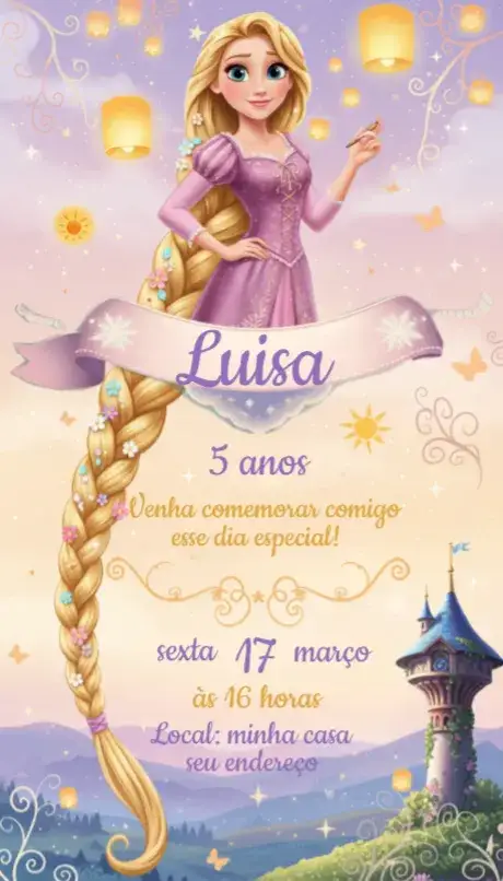 Convite Convite Rapunzel – tema Aniversário cores pastel, estilo encantado, elementos florais, detalhes dourados, aura mágica, toques de conto de fadas