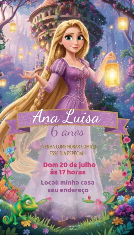 Convite Convite Rapunzel – tema Aniversário cores suaves, mágico, floral, contos de fadas, ilustrações infantis