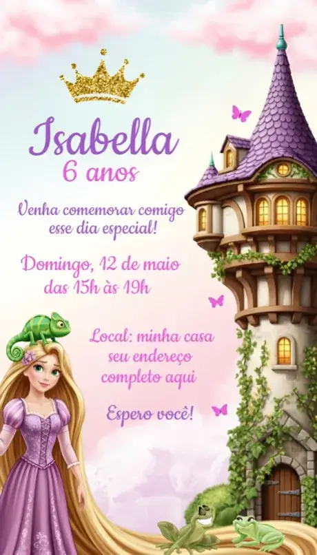 Convite Convite Rapunzel – tema Aniversário mágico, colorido, infantil, princesa, fantasia
