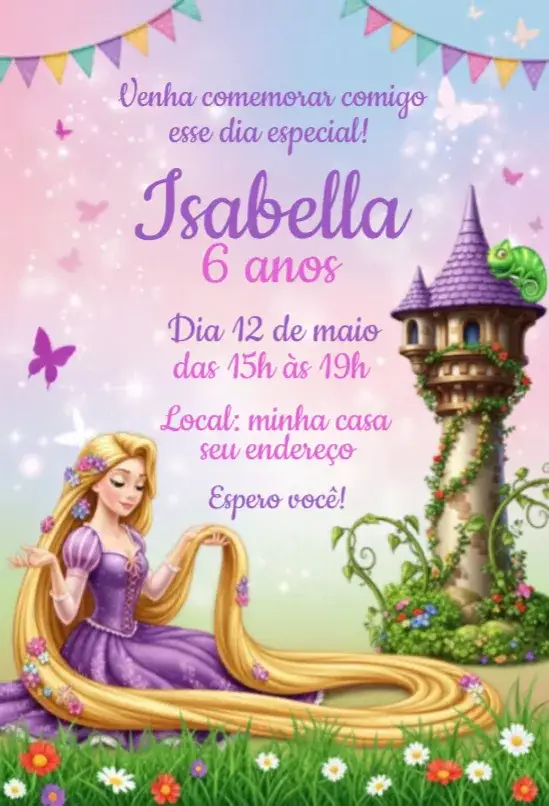 Convite Convite Rapunzel – tema Aniversário cores pastel, estilo conto de fadas, elementos naturais, detalhes em florais, design moderno, ilustrações encantadas
