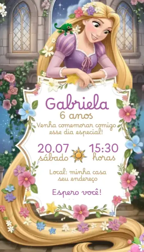 Convite Convite Rapunzel – tema Aniversário cores vibrantes, estilo Disney, elementos de conto de fadas, detalhes florais, design lúdico, toques de magia
