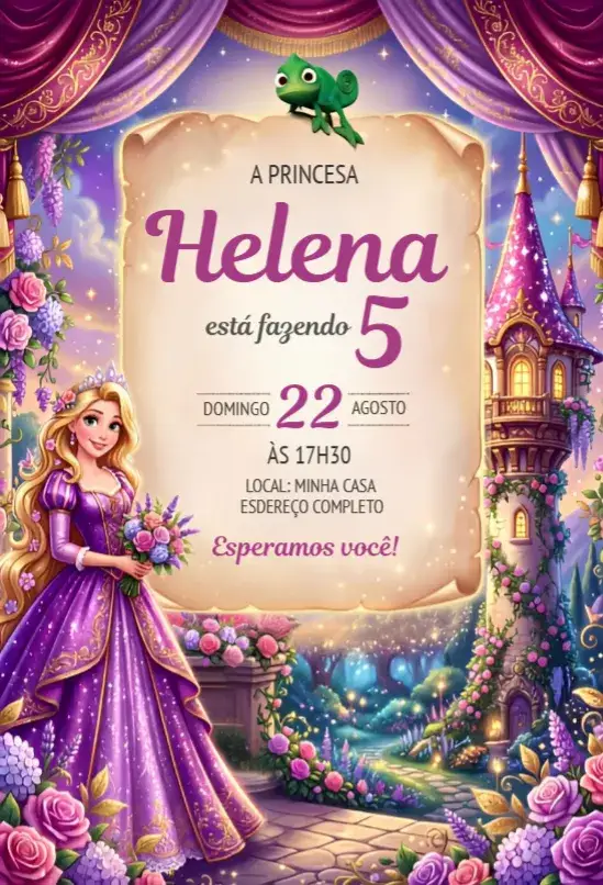 Convite Convite Rapunzel – tema Aniversário cores pastel, ilustrações de princesas, detalhes florais, estilo conto de fadas, design lúdico