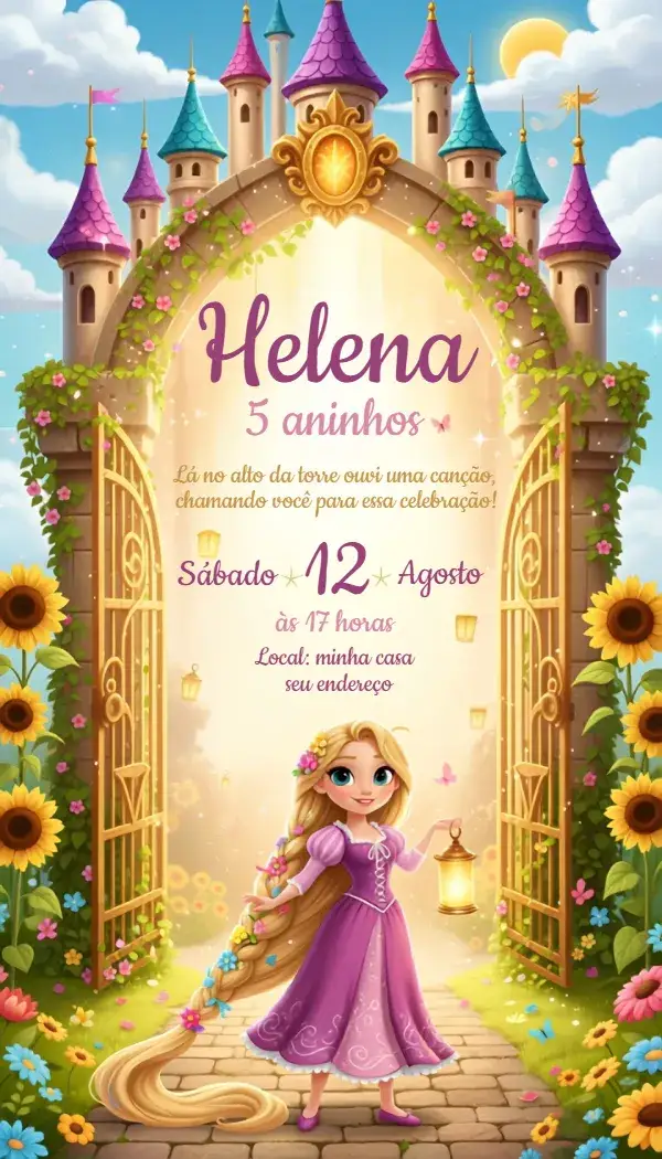 Convite Convite Rapunzel – tema Aniversário cores vibrantes, estilo lúdico, elementos gráficos de conto de fadas, detalhes florais, design encantador, inspirado em princesas