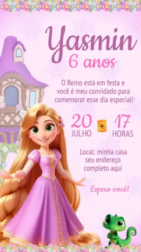 Convite Convite Rapunzel – tema Aniversário cores pastel, ilustrações de princesas, elementos de conto de fadas, design alegre, detalhes florais