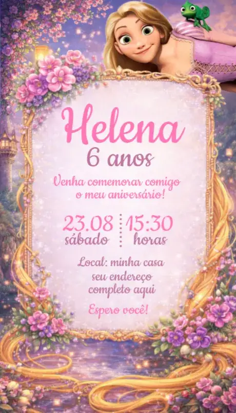 Convite Convite Rapunzel – tema Aniversário cores pastel, elementos florais, ilustrações de princesa, estilo lúdico, toque mágico, detalhes encantados