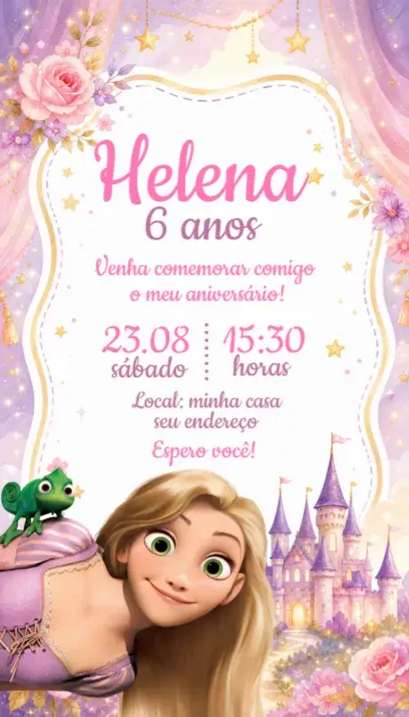 Convite Convite Rapunzel – tema Aniversário cores pastel, ilustrações de princesas, elementos florais, estilo lúdico, fantasia, toques dourados