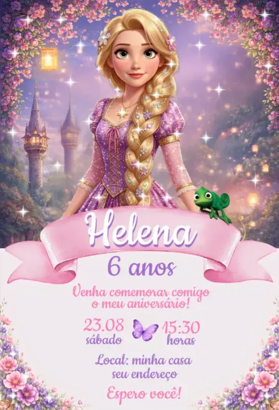 Convite Convite Rapunzel – tema Aniversário cores pastel, estilo lúdico, elementos gráficos de contos de fadas, detalhes florais, ilustrações encantadoras, toques dourados