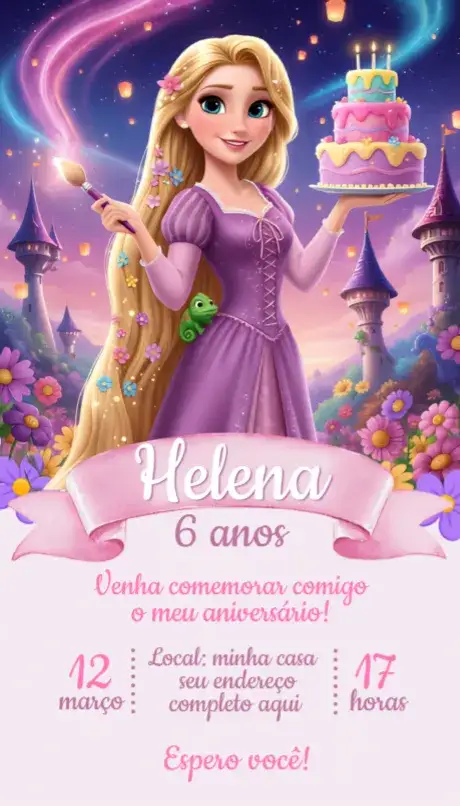 Convite Convite Rapunzel – tema Aniversário mágico, colorido, princesa, fantasia, aquarela, ilustração