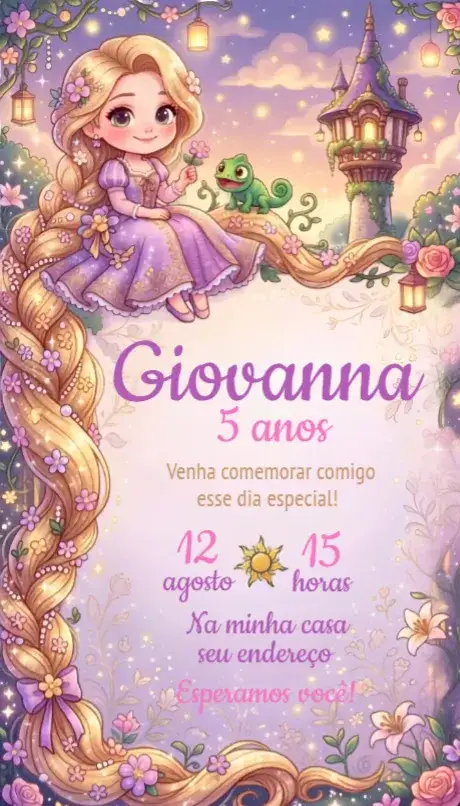 Convite Convite Rapunzel – tema Aniversário cores pastel, elementos florais, ilustrações de princesas, estilo encantado, toque mágico, detalhes dourados
