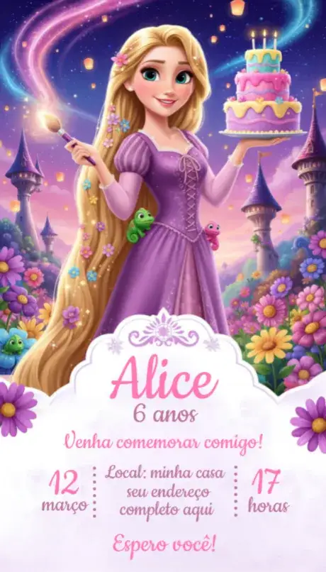 Convite Convite Rapunzel – tema Aniversário colorido, fantasia, princesa, floral, ilustrações animadas, sonhador