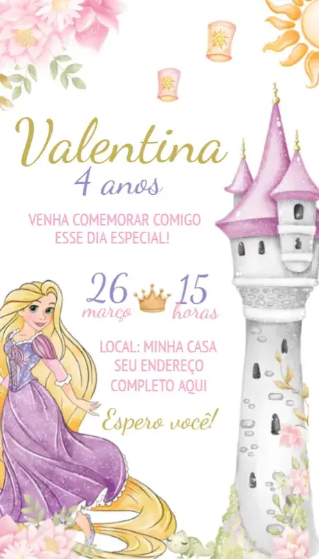 Convite Convite Rapunzel – tema Aniversário mágico, colorido, infantil, temática princesas, fantasia, lúdico