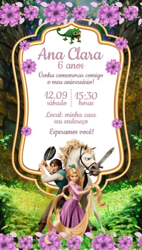 Invitación Convite Rapunzel Enrolados – tema Aniversário cores vibrantes, fantasia, elementos gráficos da Disney, estilo lúdico, ilustrações encantadoras