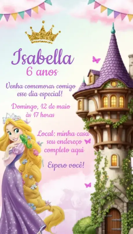Invitación Convite Rapuzel – tema Aniversário cores vibrantes, estilo encantado, elementos de contos de fadas, ilustrações de princesas, design lúdico, detalhes mágicos