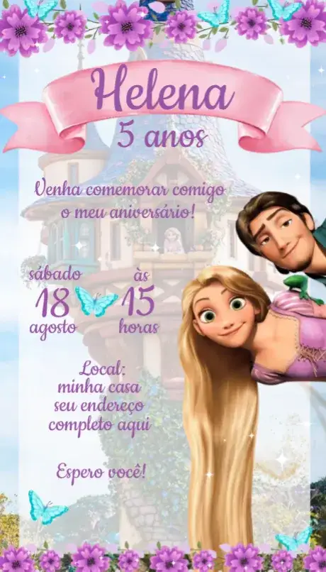 Invitación Convite Rapuzel Enrolados – tema Aniversário cores vibrantes, ilustrações de princesas, estilo conto de fadas, elementos gráficos de aventura, design encantador