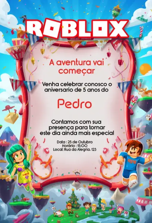 Invitación Convite Roblox Aniversário Infantil Digital Personalizado – tema Aniversário Infantil colorido, jogos, moderno, divertido, infantil, temático