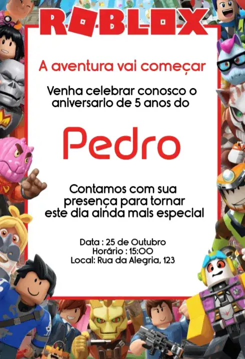 Invitación Convite Roblox Aniversário Infantil Editável Personalizado – tema Aniversário Infantil colorido, gamer, moderno, divertido, infantil, temático