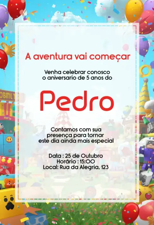 Convite Roblox Colorido Editável para Aniversário Infantil