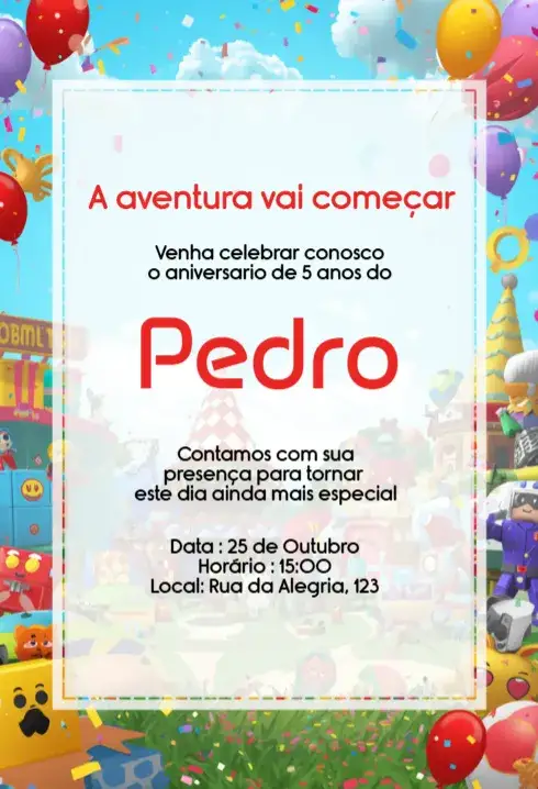 Invitación Convite Roblox Colorido Editável para Aniversário Infantil – tema Aniversário Infantil colorido, gamer, divertido, moderno, infantil
