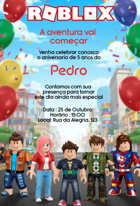 Convite Roblox com Balões Editável para Aniversário Infantil
