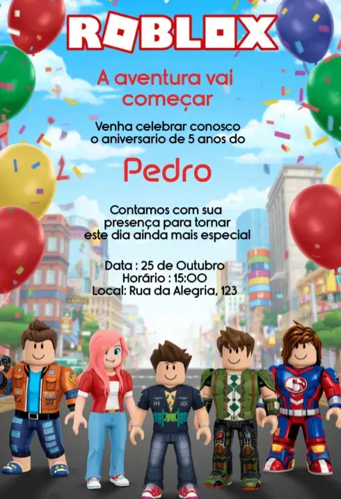 Invitación Invitación de Roblox con Globos Editable para Cumpleaños Infantil editable y personalizable