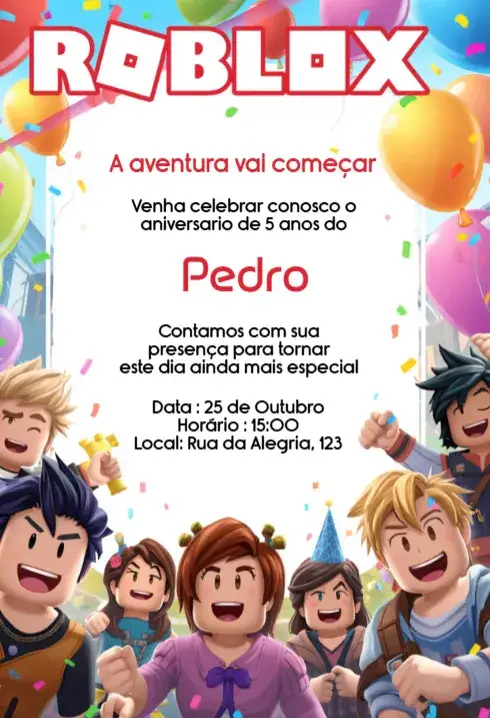 Invitación Convite Roblox Editável para Aniversário Infantil Digital – tema Aniversário Infantil colorido, jogos, diversão, aventureiro, moderno