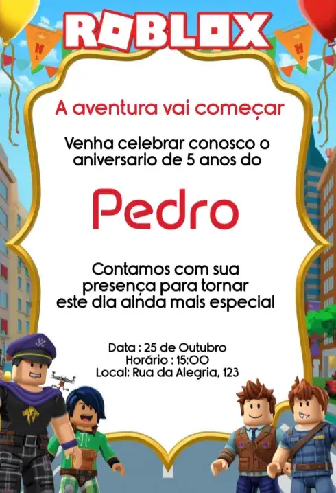 Convite Convite Roblox Editável para Aniversário Infantil Digital – tema Aniversário Infantil colorido, divertido, temático, jovial, moderno
