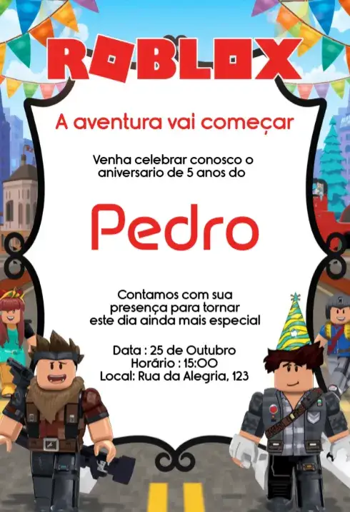 Invitación Convite Roblox Editável para Aniversário Infantil Digital – tema Aniversário Infantil gamer, colorido, divertido, moderno, interativo