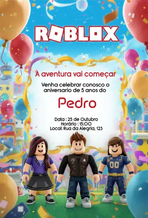 Invitation Convite Roblox Editável para Aniversário Infantil Digital – Aniversário Infantil theme colorido, jogos, divertido, moderno, infantil