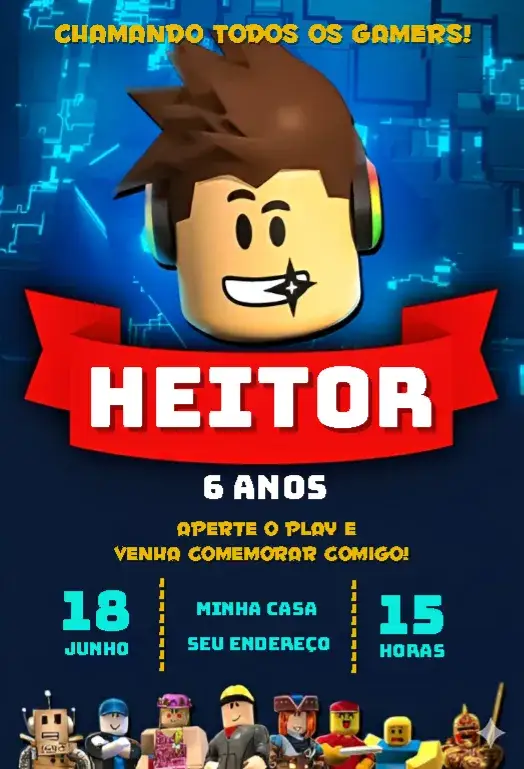 Convite Convite Roblox menino azul marinho gamer – tema Aniversário Infantil azul marinho, gamer, moderno, jogos, diversão