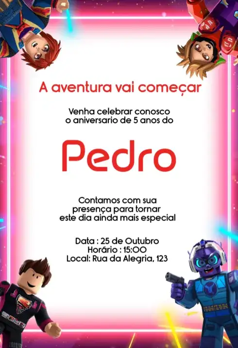Convite Roblox Neon Editável para Aniversário Infantil