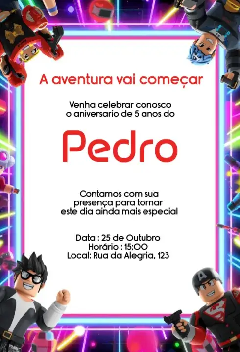 Convite Roblox Neon Editável para Aniversário Infantil