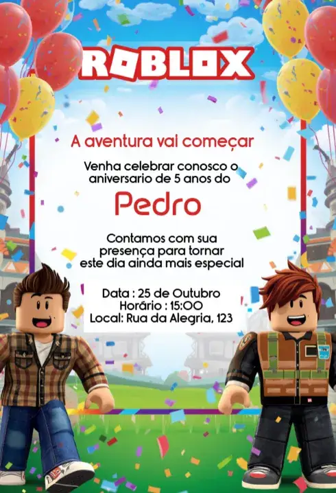 Invitación Convite Roblox para Aniversário Infantil – tema Aniversário Infantil colorido, divertido, jogos digitais, temática infantil, moderno