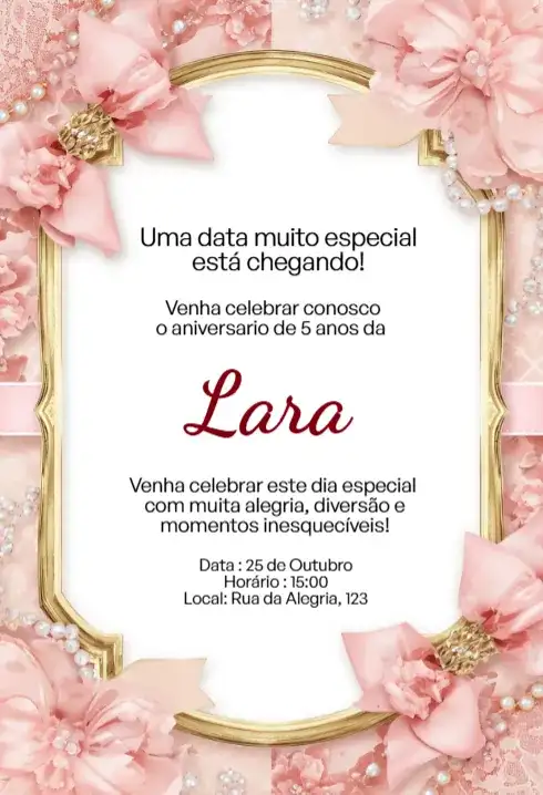 Convite Rosa com Flores, Laço e Moldura Dourada Editável para Aniversário Infantil