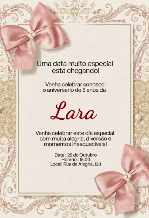 Convite Convite Rosa com Laço e Arabesco Dourado Editável para Aniversário Infantil – tema Aniversário Infantil rosa, dourado, princesa, delicado, infantil, feminino
