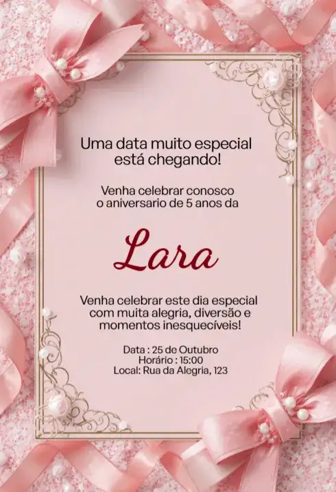 Convite Rosa com Laço e Moldura Arabesco Editável para Aniversário Infantil