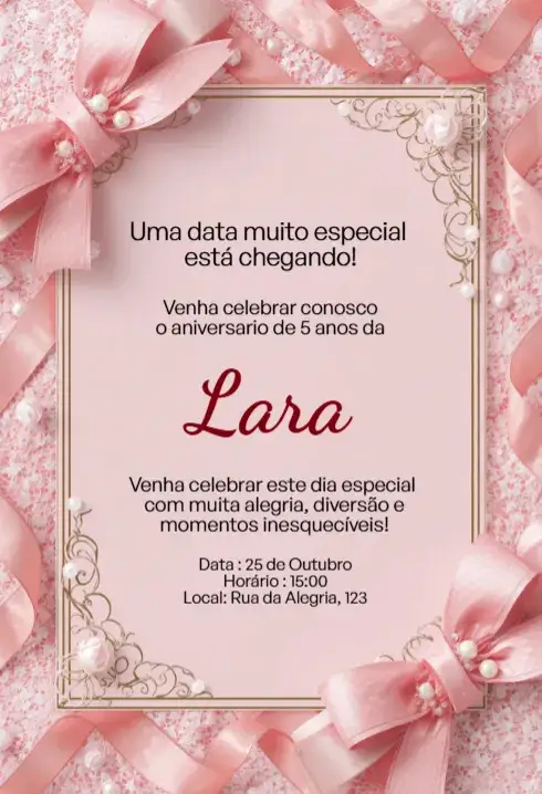 Convite Convite Rosa com Laço e Moldura Arabesco Editável para Aniversário Infantil – tema Aniversário Infantil rosa, elegante, arabesco, feminino, infantil, delicado
