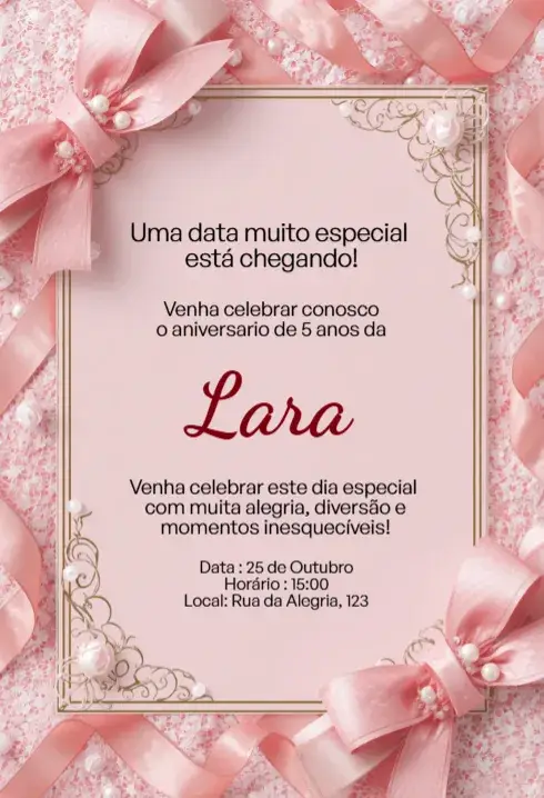 Invitación Rosa con Moño y Marco de Arabesco Editable para Cumpleaños Infantil