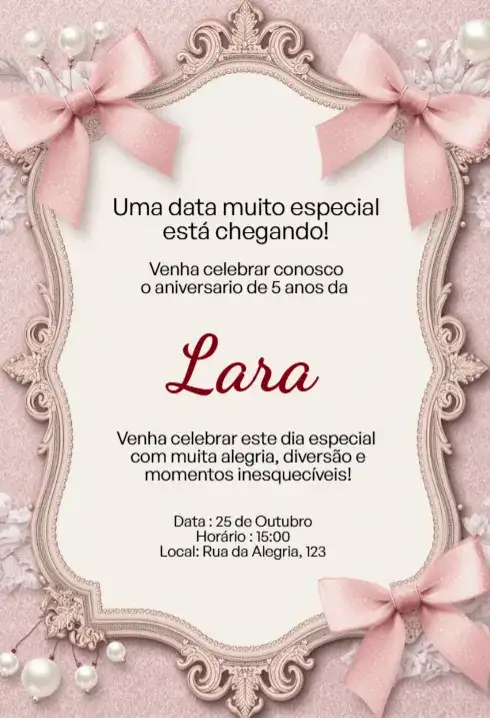 Convite Rosa com Laço e Moldura Arabesco Editável para Aniversário Infantil