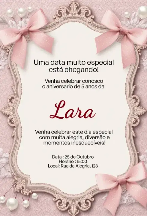 Convite Convite Rosa com Laço e Moldura Arabesco Editável para Aniversário Infantil – tema Aniversário Infantil rosa bebê, arabesco, feminino, delicado, elegante