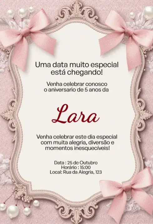Editable Pink Invitation with Bow and Arabesque Frame for Children's Birthday