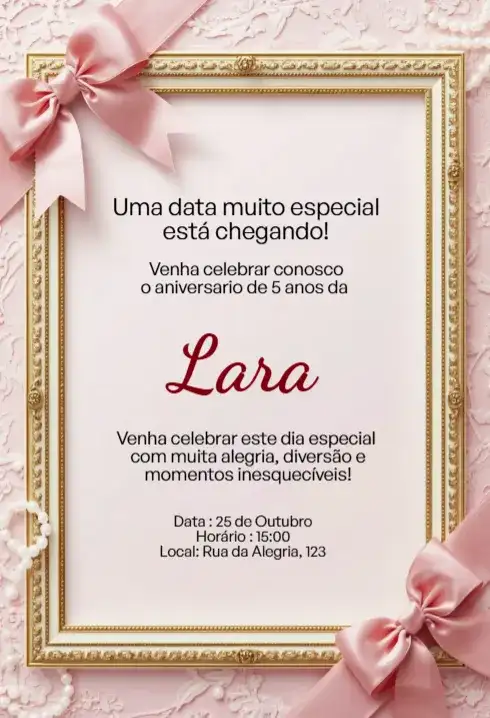 Convite Rosa com Laço e Moldura Dourada Editável para Aniversário Infantil